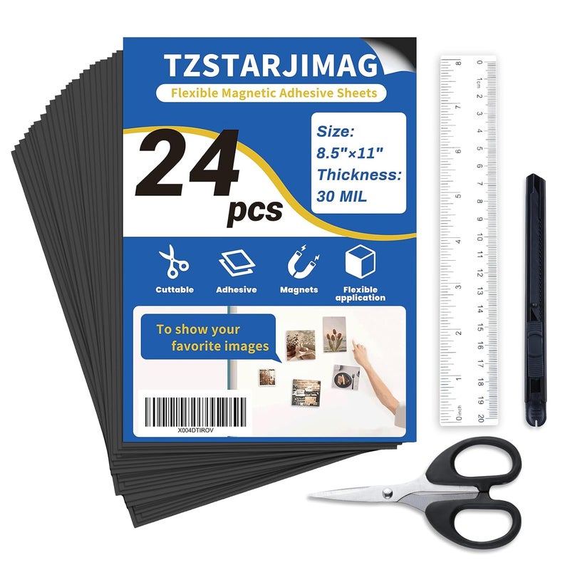 TZSTARJIMAG Magnet Sheets with Adhesive Backing,8.5" x 11"(Pack of 24),30 mil Thick Cuttable Flexible Magnetic Sheets for DIY Crafts,Photos,Letters and Stickers - Image 1